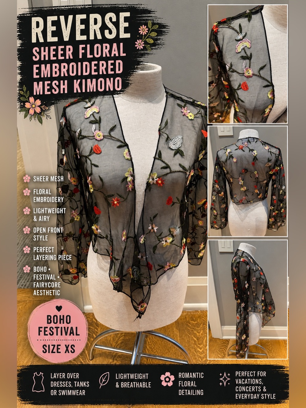 Sheer Floral Embroidered Mesh Kimono Cardigan XS Black Boho top